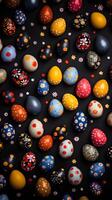 Colorful eggs with copyspace on black background. Easter egg concept, Spring holiday photo