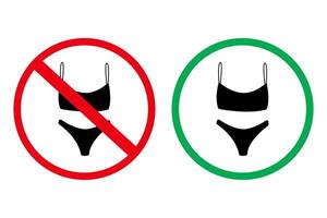 Signs, prohibiting and allowing you to wear a swimsuit. Red and green warning signs. Dress code, beach rules. vector