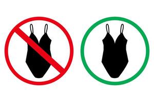 Signs, prohibiting and allowing you to wear a swimsuit. Red and green warning signs. Dress code, beach rules. vector