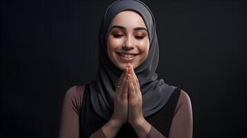 Arabic woman wearing scarf is praying and smiling on black background photo