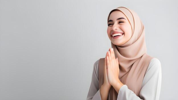 Arabic woman wearing scarf is praying and smiling on grey background photo