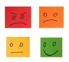 Multi-colored paper stickers with emotions on a white background, evaluation photo