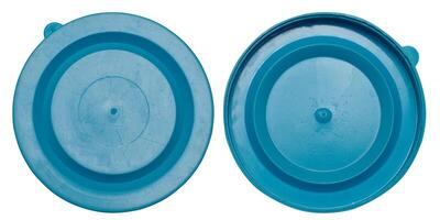 Blue plastic lid for glass jars on isolated background photo