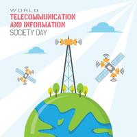 mundo telecomunicación y información sociedad día póster con el satélite envía un señal a el recepción torre vector