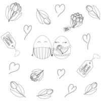 Anthropomorphic Easter happy couple of eggs in love. The male is giving a bouquet of tulips to the female. Cute Easter coloring pages for kids. vector