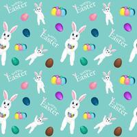 Hare with decorated eggs in his paws, Easter eggs. Happy Easter inscription. Seamless colored pattern vector