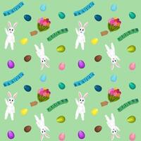 Multicolored Easter eggs, bunny and cubes on a mint background. seamless colored pattern vector