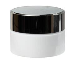 White plastic jar with cosmetic cream, plastic lid. photo