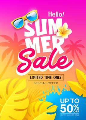 Summer sale, tropical yellow leaf, colorful poster flyer coconut trees design background