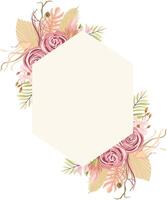 frame with Wreath with protea flowers,maroon roses, hydrangeas, cotton, palm leaves, reeds and dried plants in boho style. vector