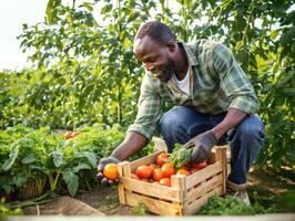 granjero cosecha Tomates en campo a atardecer- foto