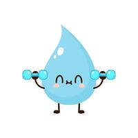 Cute funny water drop is doing gym with dumbbells vector