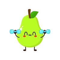 Cute funny pear fruit is doing gym with dumbbells vector