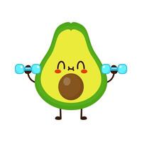 Cute funny avocado fruit is doing gym with dumbbells vector