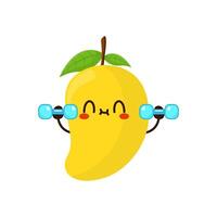 Cute funny mango fruit is doing gym with dumbbells vector