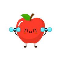 Cute funny apple fruit is doing gym with dumbbells vector