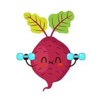 Cute funny beet vegetable is doing gym with dumbbells vector