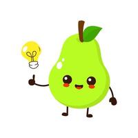 Cute funny cartoon pear fruit with idea light bulb vector