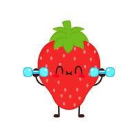 Cute funny strawberry fruit is doing gym with dumbbells vector