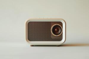 A computer speaker set with a sleek, minimalist design, showcased against a pure white canvas photo