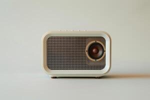 A computer speaker set with a sleek, minimalist design, showcased against a pure white canvas photo