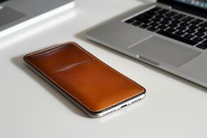 A wireless charging pad with a textured surface, displaying a phone charging on a pristine white background photo