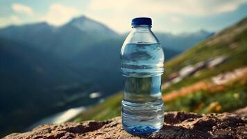 botella de agua en el montañas foto