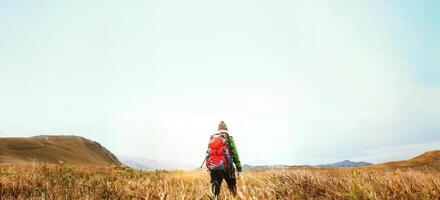 Asian woman travel Nature. Travel relax. Touch natural mountain meadow. walk in the forest. Thailand photo