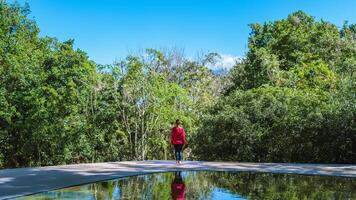 Young girl standing relaxing body, yoga exercise. Hot Springs In National Park,Hot Spring nature travel,Relax and exercise at the pool. photo