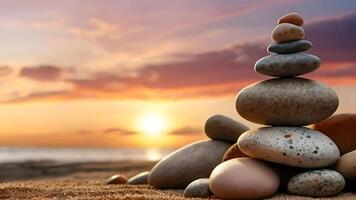 apilar de Guijarro piedras en un playa debajo puesta de sol cielo, equilibrar y armonía imagen concepto foto