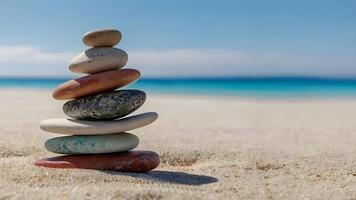 apilar de Guijarro piedras en un blanco arenoso playa debajo azul cielo, equilibrar y armonía imagen concepto foto