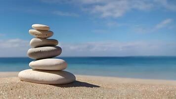 Stack of pebble stones on a white sandy beach under blue sky, balance and harmony image concept photo