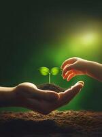 Green leafy seeds that grow in fertile soil are passed from adult hand to tiny baby hand, environmental design concept photo