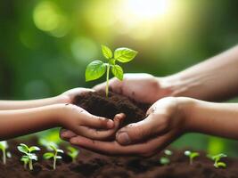 Green leafy seeds growing in fertile soil are held by children hands and adult hands, environmental design concept photo