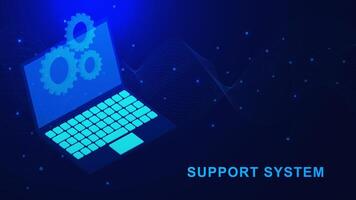 Technical support system concept with laptop and gear wheel in isometric design. Software development. Online remote access and internet connection design. vector