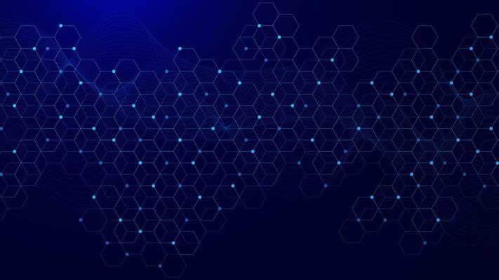 Abstract geometric with hexagon pattern and glowing particles. Molecule structure, communication, science and technology concept.