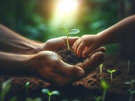 verde frondoso semillas ese crecer en fértil suelo son pasado desde adulto mano a minúsculo bebé mano, ambiental diseño concepto foto