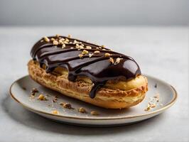 Chocolate Eclair with Nuts, square, close-up photo