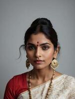 retrato de un hermosa joven indio mujer con maquillaje y joyas. foto