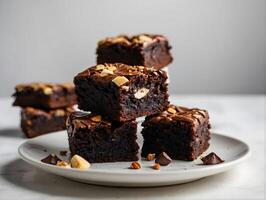 Homemade chocolate brownies with nuts on a white plate, square photo