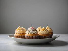 cupcake with icing and sprinkles on a plate in white background photo