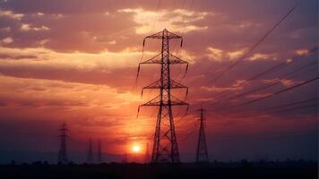 alto voltaje poder líneas y pilones a puesta de sol. electricidad distribución estación. foto