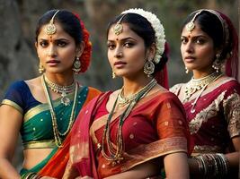 grupo de indio mujer en tradicional sari y hindú ropa foto