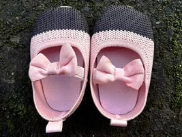 Cute little baby shoes pink and black color on plaster and moss plants background photo