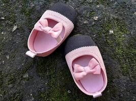 Cute little baby shoes pink and black color on plaster and moss plants background photo