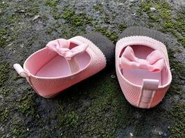 Cute little baby shoes pink and black color on plaster and moss plants background photo