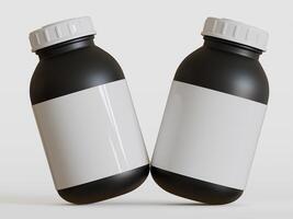 Black plastic bottle with blank label on white background, 3d rendering. photo