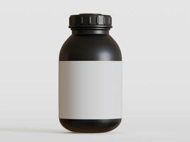 Black plastic bottle with blank label on white background, 3d rendering. photo