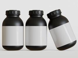 Black plastic bottle with blank label on white background, 3d rendering. photo