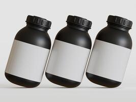 Black plastic bottle with blank label on white background, 3d rendering. photo